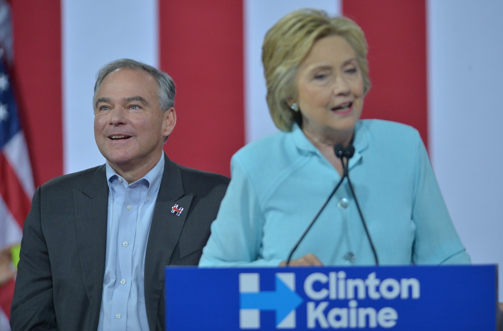 Democratic presidential candidate Hillary Clinton and Tim Kaine speak at rally