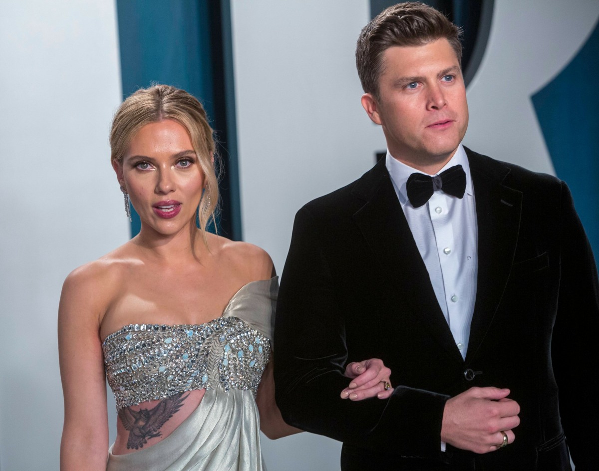 Scarlett Johansson and Colin Jost attend the Vanity Fair Oscar Party at Wallis Annenberg Center for...