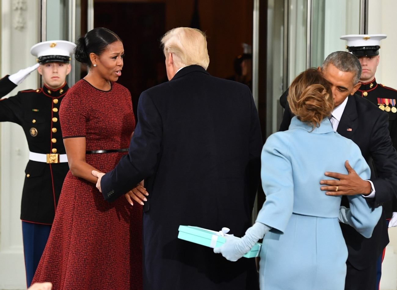 Barack Obama and Donald Trump arrive for the inauguration of President-elect Donald Trump
