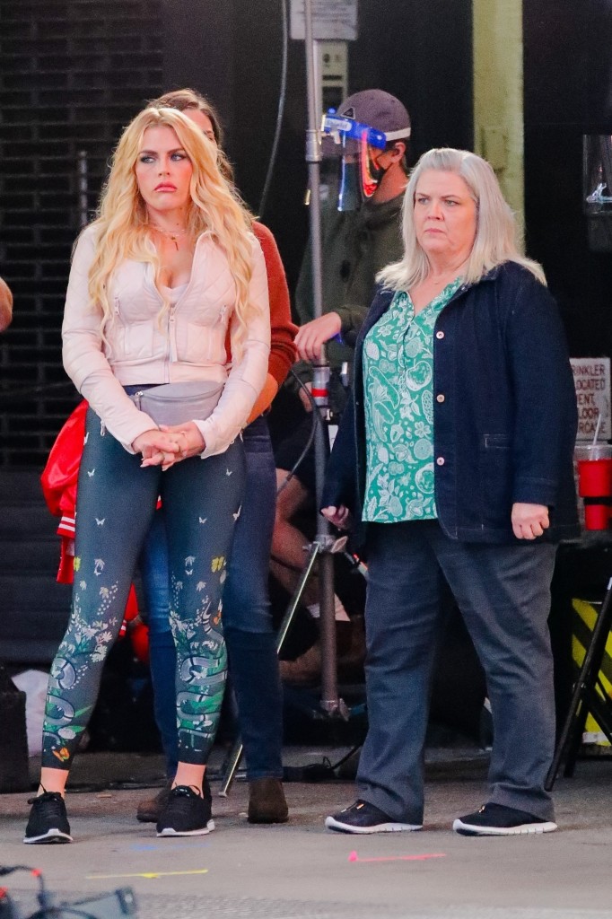 Busy Philipps, Paula Pell, and Sara Bareilles on the set of "Girls5Eva" in NYC