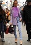 Jessica Mulroney wears a denim and purple blazer top while heading to lunch