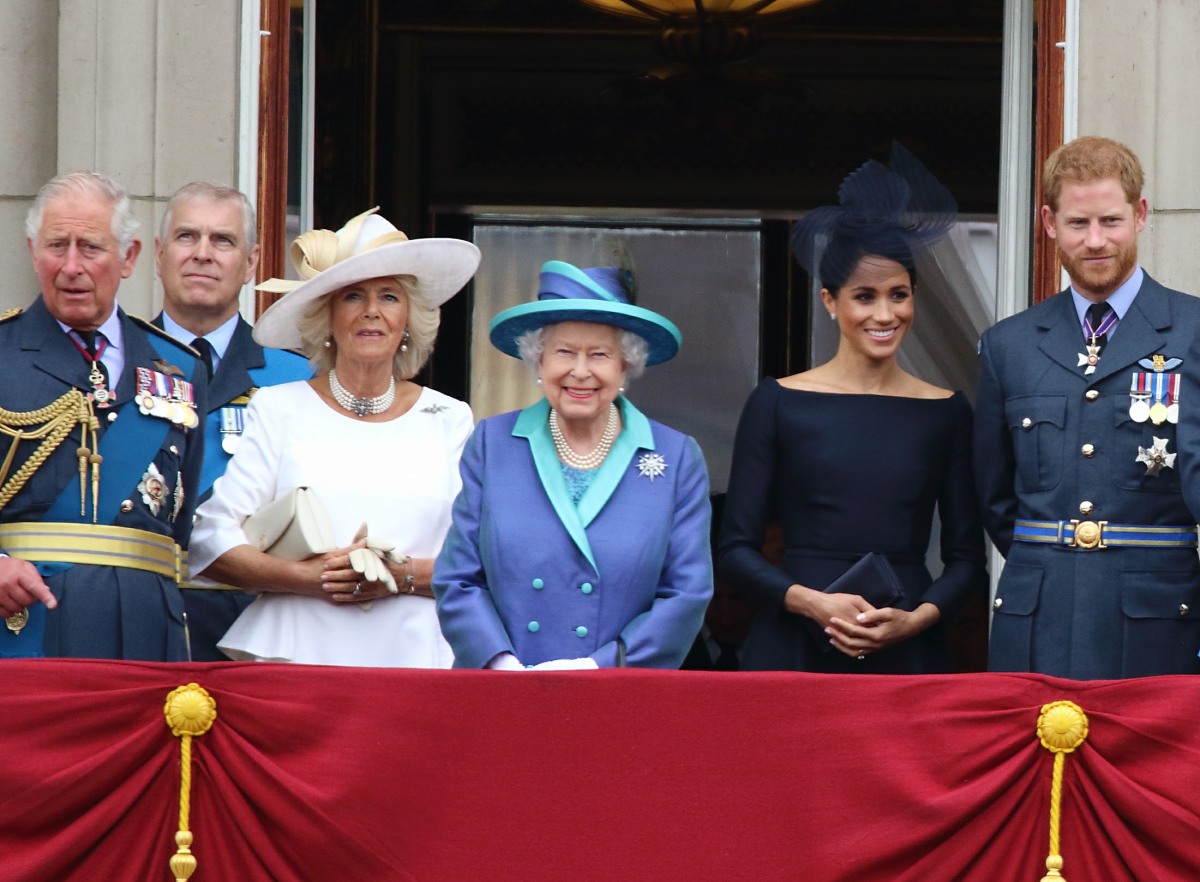 Prince Charles, Prince Andrew, Camilla Duchess of Cornwall, Queen Elizabeth II, Meghan Duchess of Sussex, Prince Harry at the 100th Anniversary of the Royal Air Force, Buckingham Palace, London, UK on Tuesday 10th July 2018