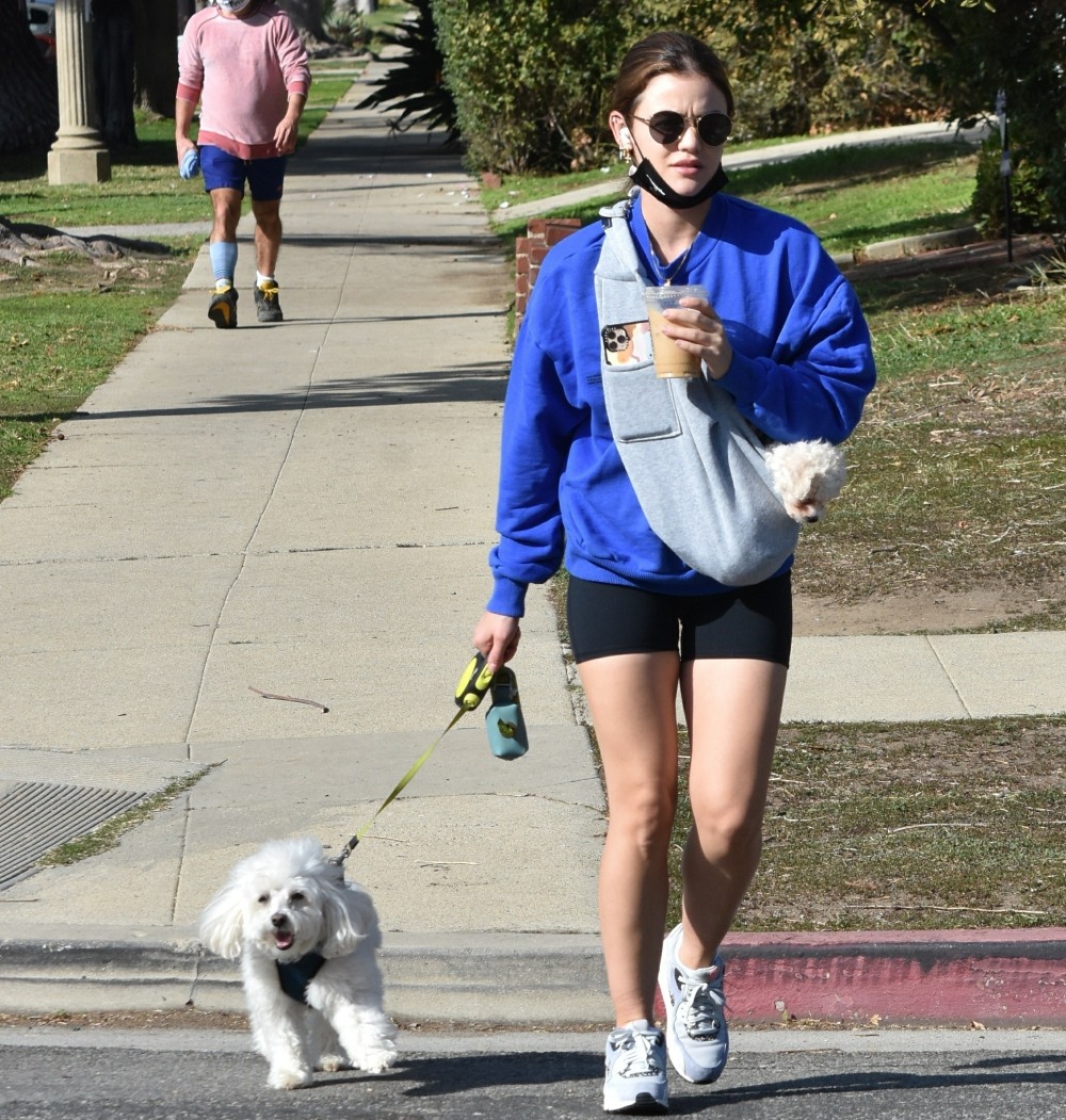 Lucy Hale goes on a walk with her two dogs for an iced coffee