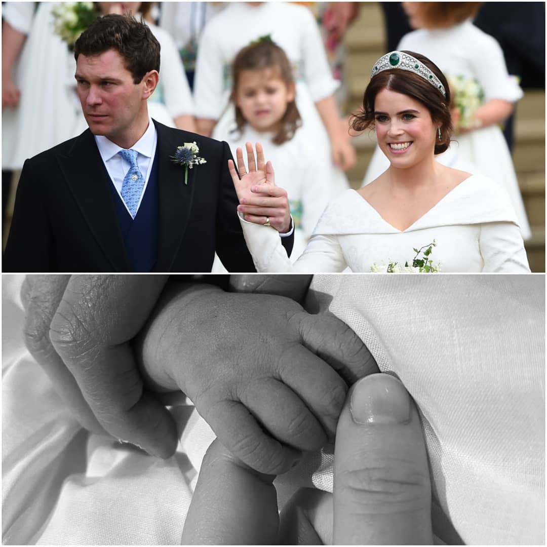 Collage of Princess Eugenie and Jack with their birth announcement photo
