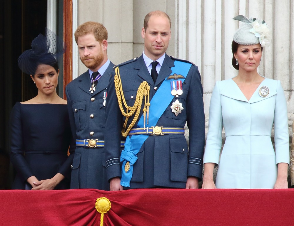 Meghan Duchess of Sussex, Prince Harry, Prince William, Catherine Duchess of Cambridge at the 100th Anniversary of the Royal Air Force, Buckingham Palace, London, UK on Tuesday 10th July 2018