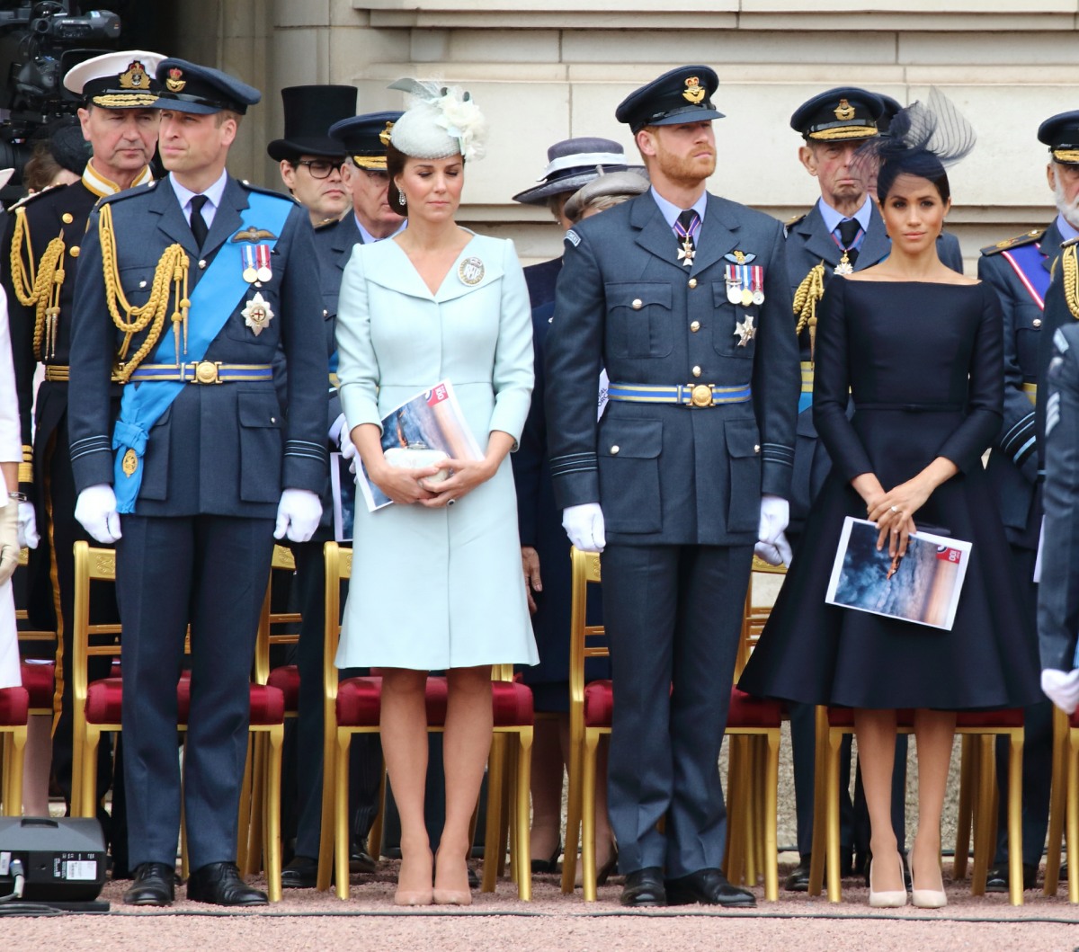 Prince William, Catherine Duchess of Cambridge, Prince Harry and Meghan Duchess of Sussex at the 100th Anniversary of the Royal Air Force, Buckingham Palace, London, UK on Tuesday 10th July 2018