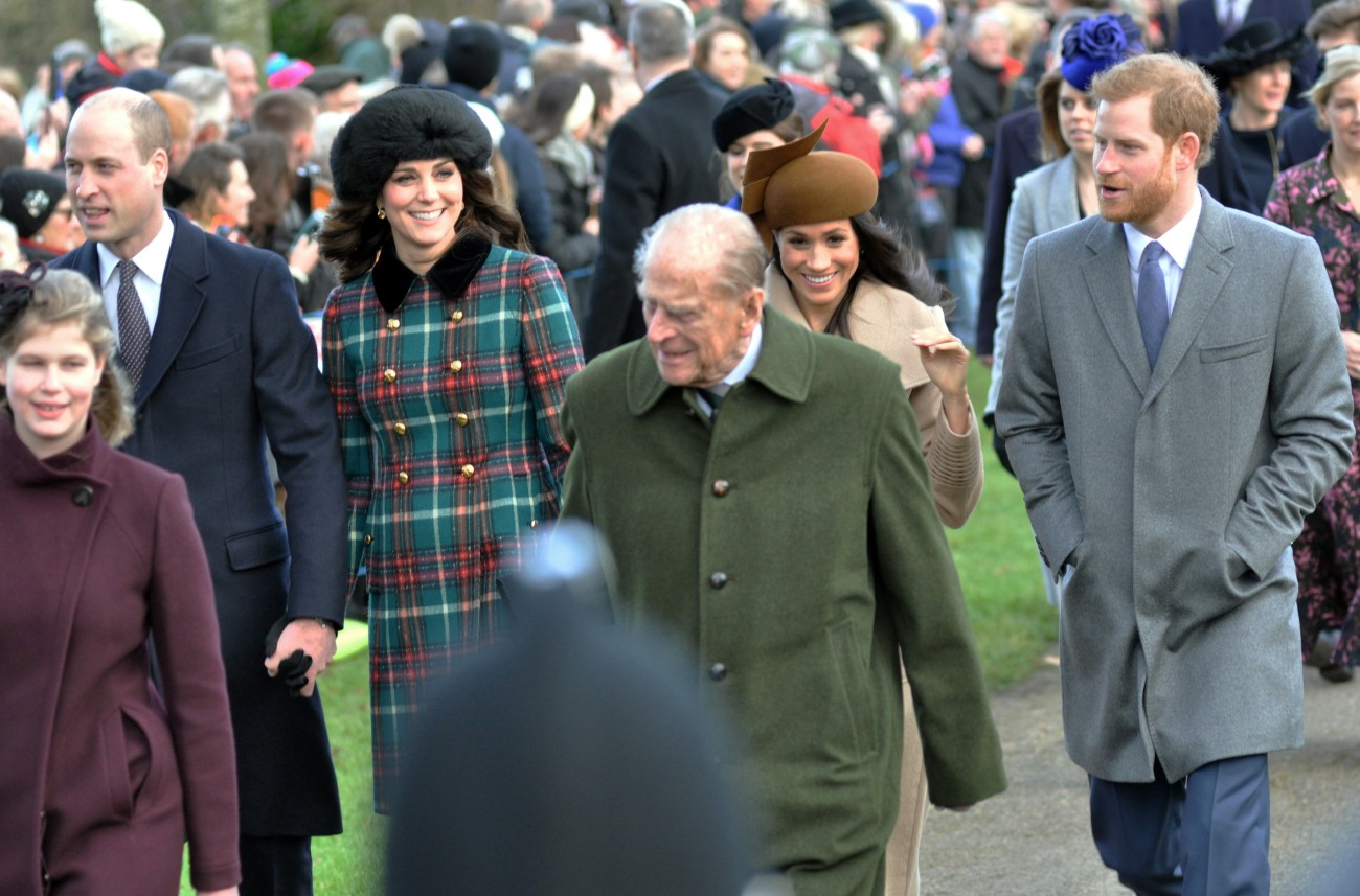 Royals walk to Sandringham Church on Christmas Day - l to r Prince William, Duchess of Cambridge, Prince Philip, Meghan Markle and Prince Harry.