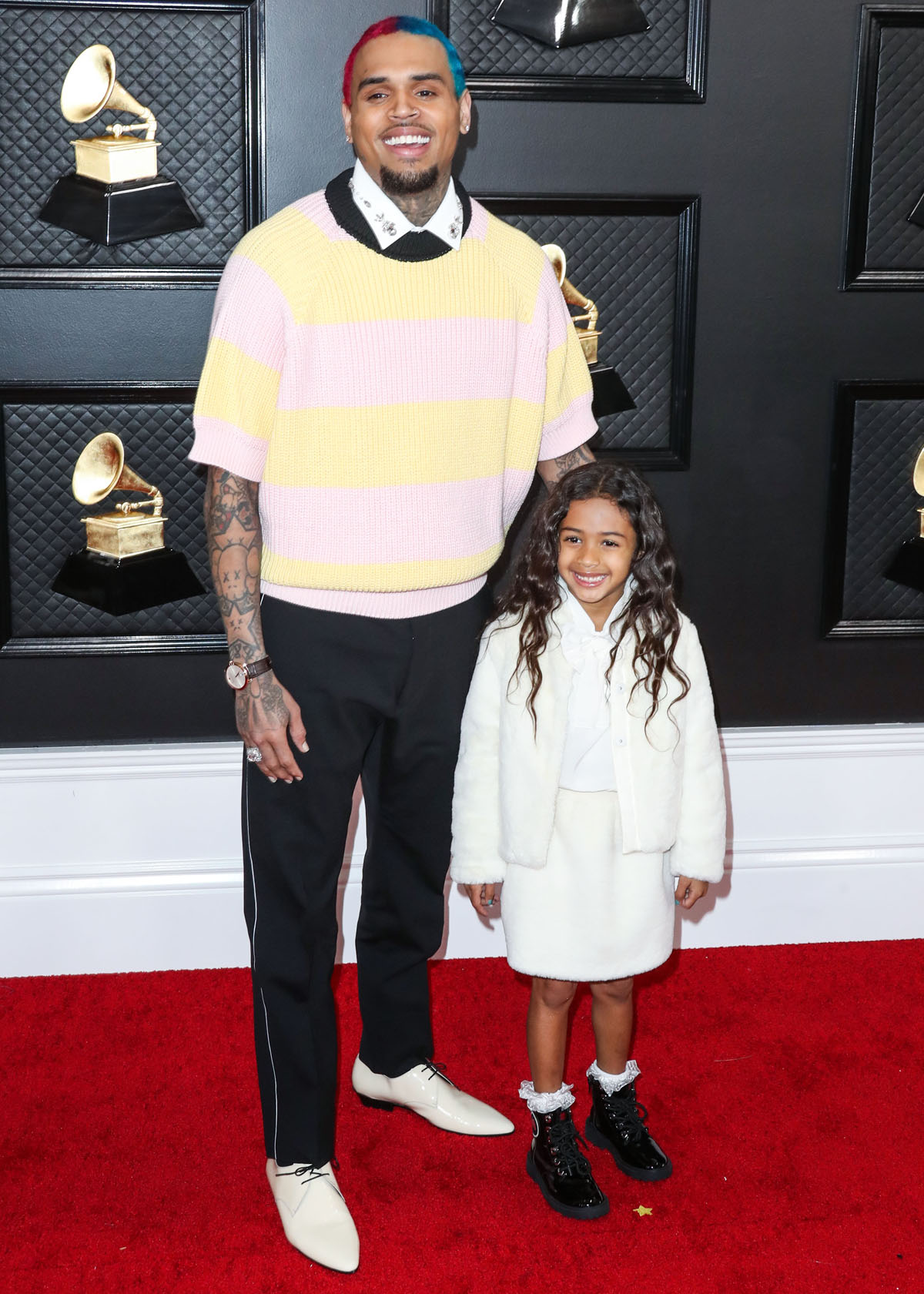 Singer Chris Brown and daughter Royalty Brown arrive at the 62nd Annual GRAMMY Awards held at Staples Center on January 26, 2020 in Los Angeles, California, United States.