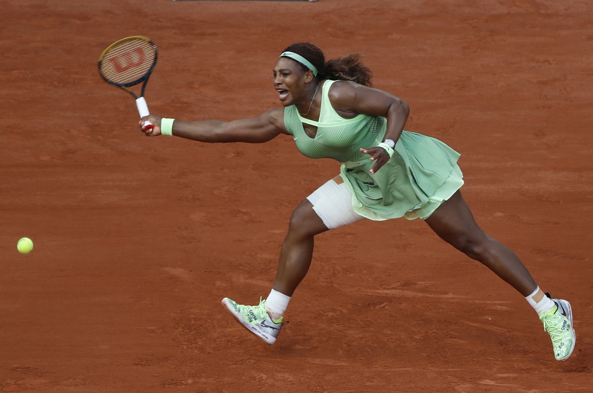 Serena Williams of the United States against Elena Rybakina of Kazakhstan in the 4th round of the singles on Court Philippe-Chatrier during the French Open Tennis Tournament at Roland Garros in Paris, France on June 06, 2021.