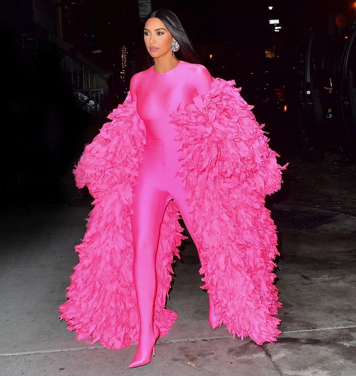 Kim Kardashian looks pretty in pink outside the SNL afterparty in NYC!