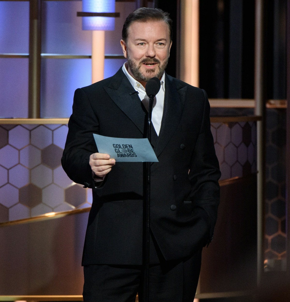 Ricky Gervais hosts the 77th Annual Golden Globe Awards at the Beverly Hilton in Beverly Hills, CA on Sunday, January 5, 2020.
