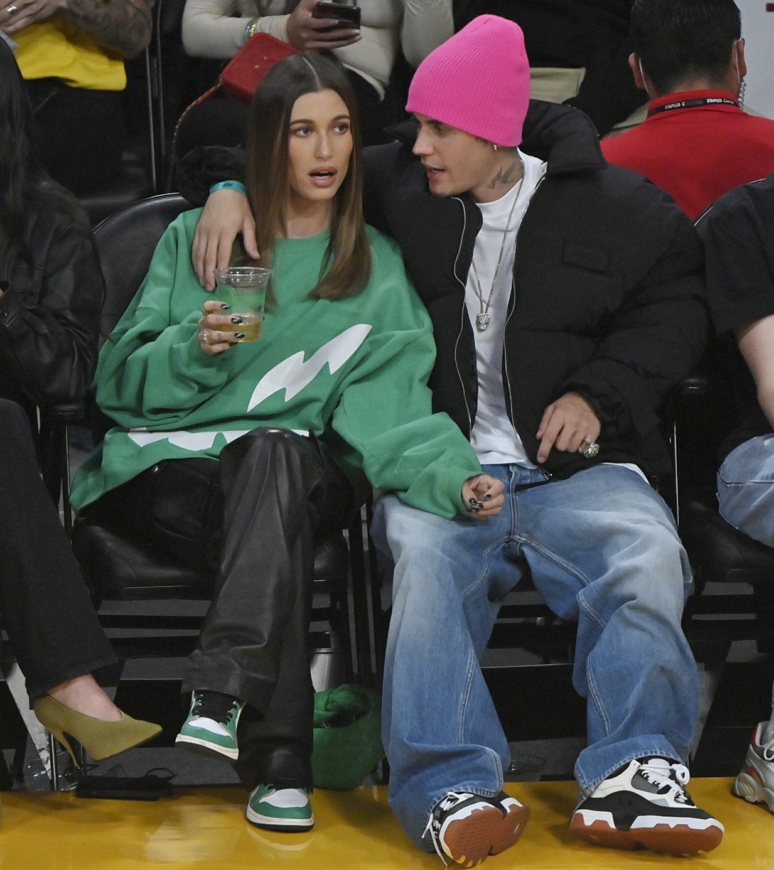 Hailey and Justin Bieber attend the Lakers game with Kendall Jenner