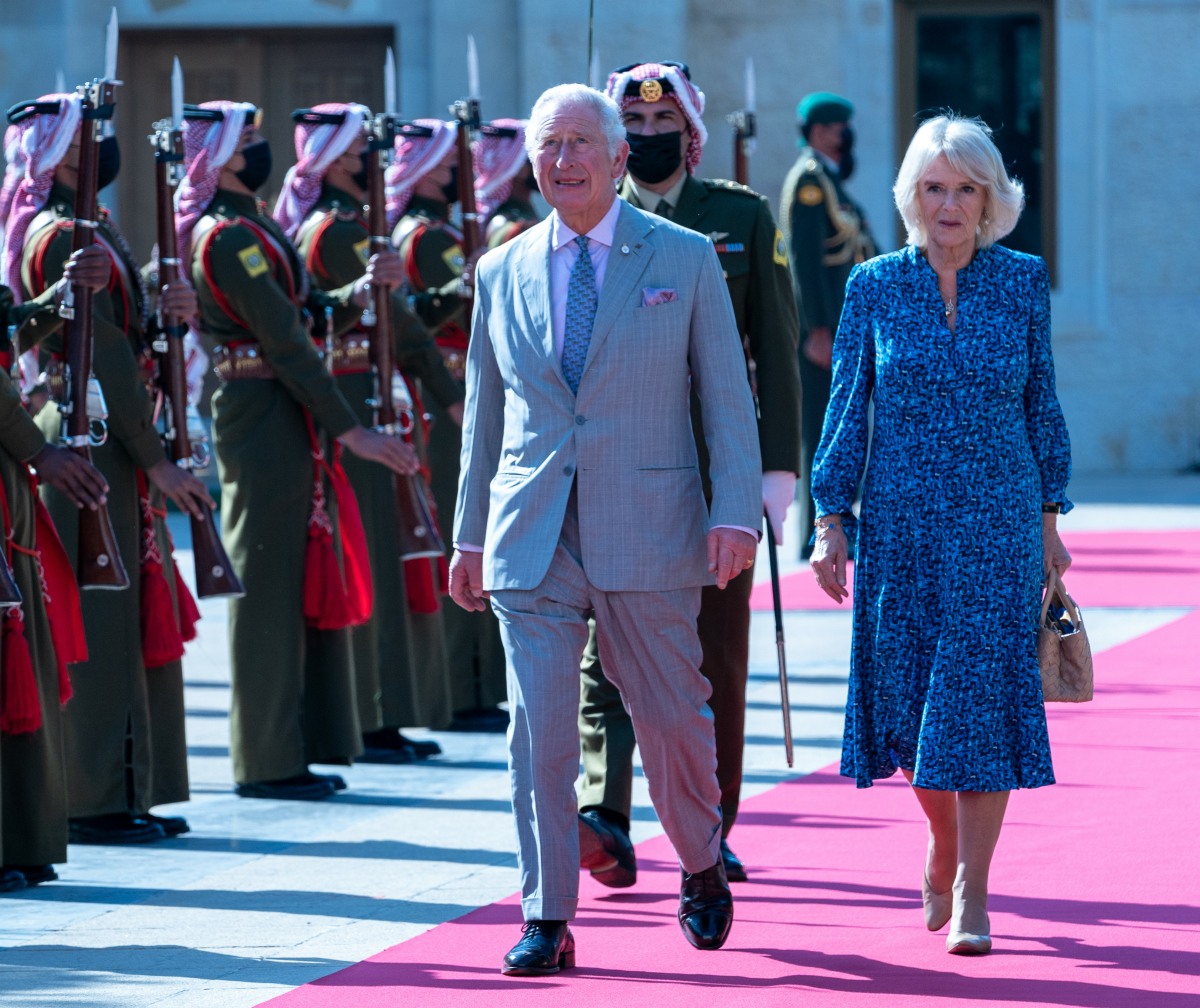The Prince of Wales and the Duchess of Cornwall arrive at the Al Husseinnlya Palace, Amman, Jordan and are officially welcomed by King Abdullah II and Queen Rania
