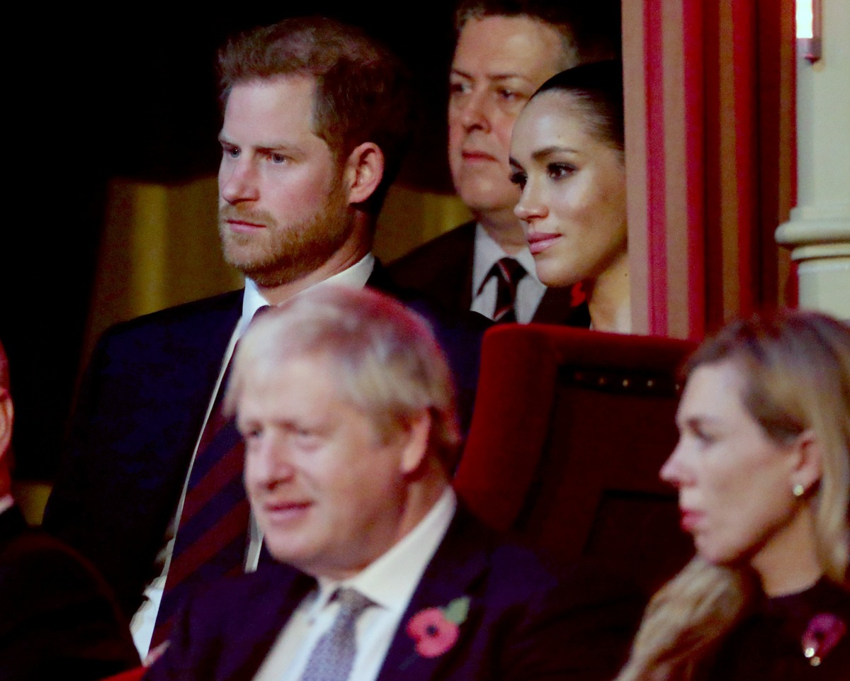 Prince Harry, Duke of Sussex, Meghan, Duchess of Sussex and Prime Minister, Boris Johnson attend the annual Royal British Legion Festival of Remembrance at the Royal Albert Hall on November 09, 2019 in London, England.