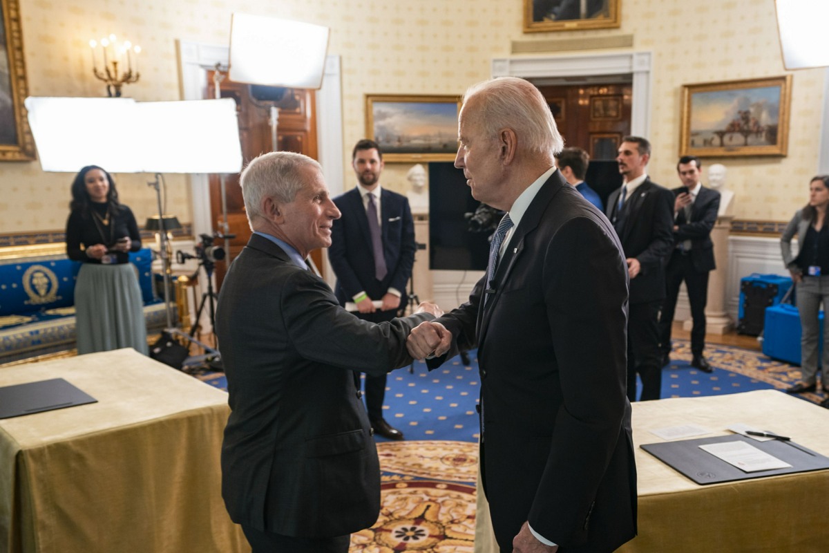 President Joe Biden participates in a QA townhall with Chief Medical Adviser to the President Dr. Anthony Fauci on Monday, May 17, 2021, in the Blue Room of the White House.