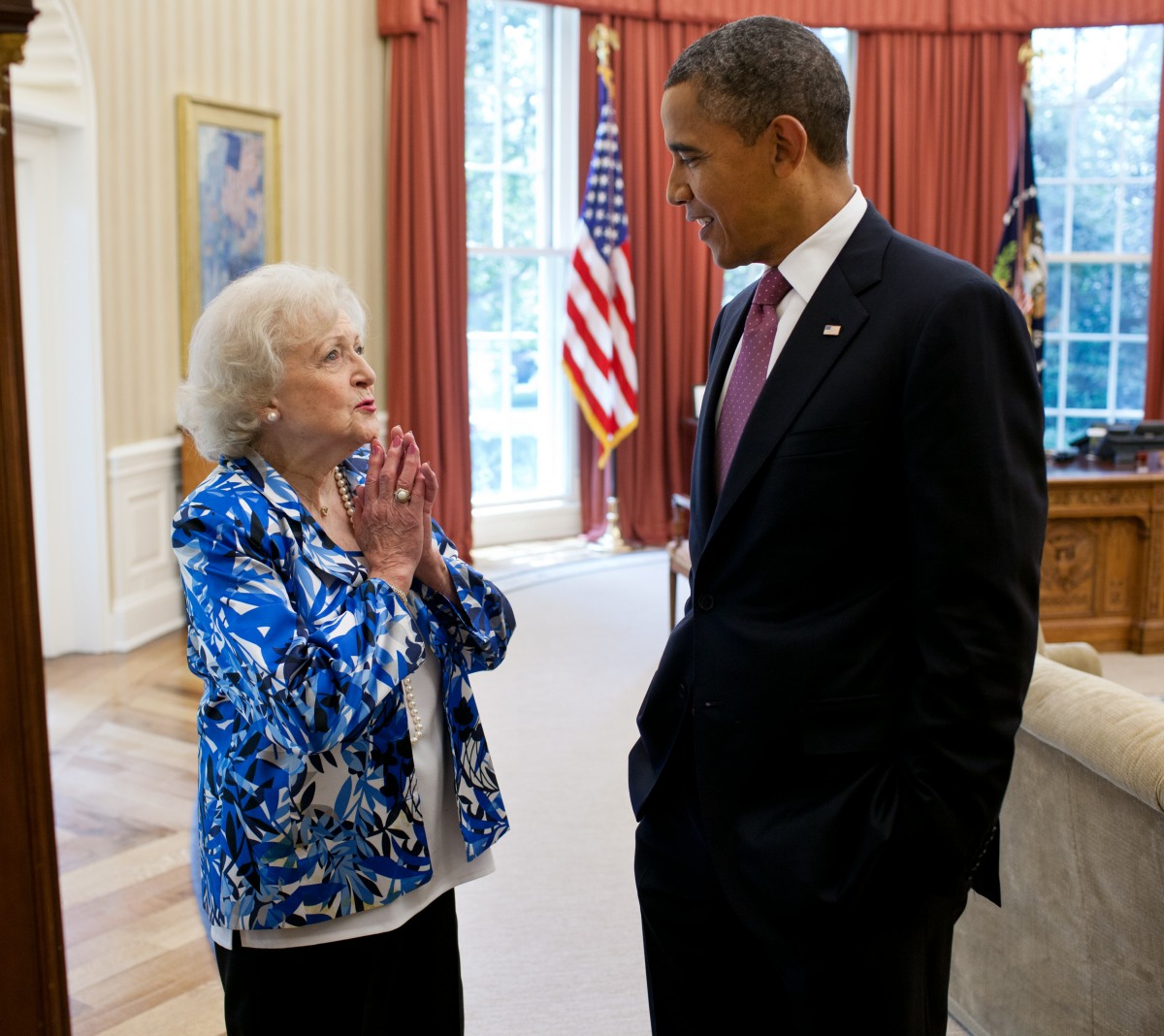 President Barack Obama talks with Betty White in the Oval Office, June 11, 2012.