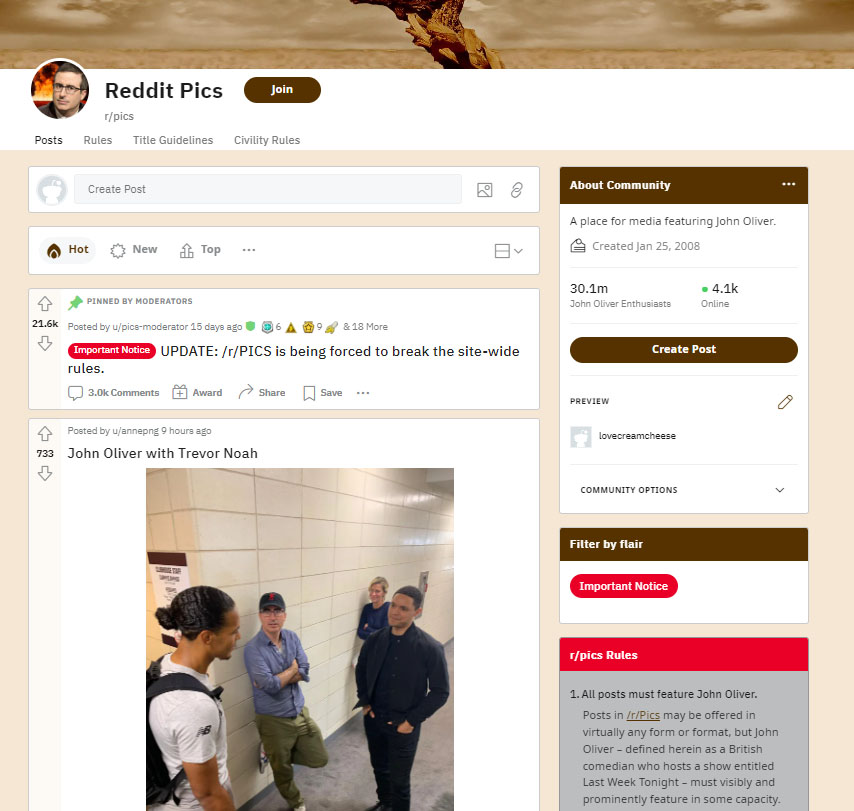 Frontpage of reddit.com/r/pics stating they only accept John Oliver photos