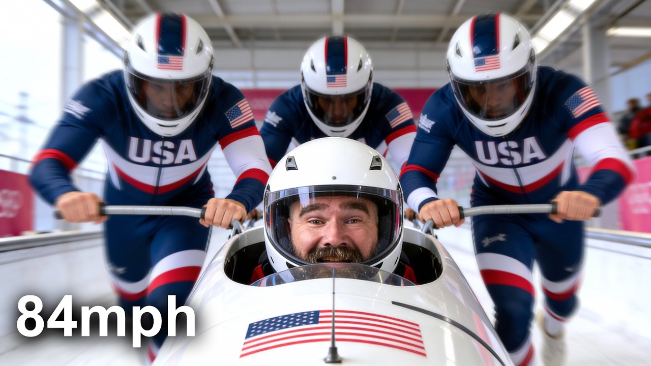 Jason Kelce in a bobsled wearing a helmet