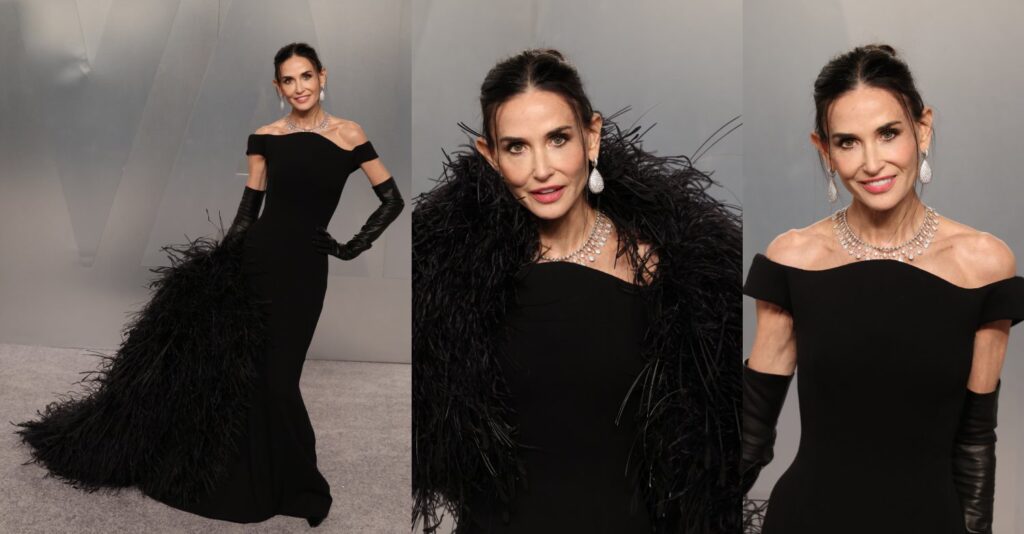 Three photos of Demi Moore at the VF Oscar Party