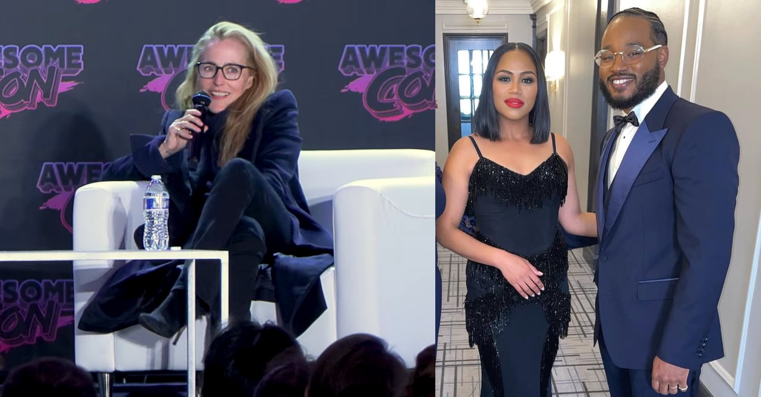 Two photos, one of Gillian Anderson at Awesome Con next to a photo of Ryan and Zinzi Coogler dressed up for an event