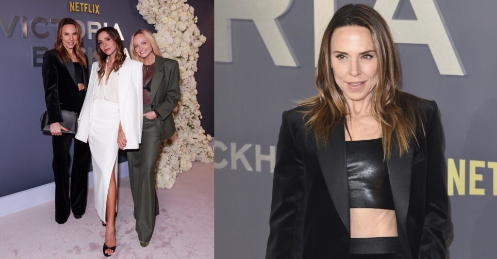 Two side by side photos of Victoria Beckham, Mel C and Emma Bunton at the October, 2025 premiere of Netflix's Victoria Beckham. There is another, closer photo of Mel C at the same event