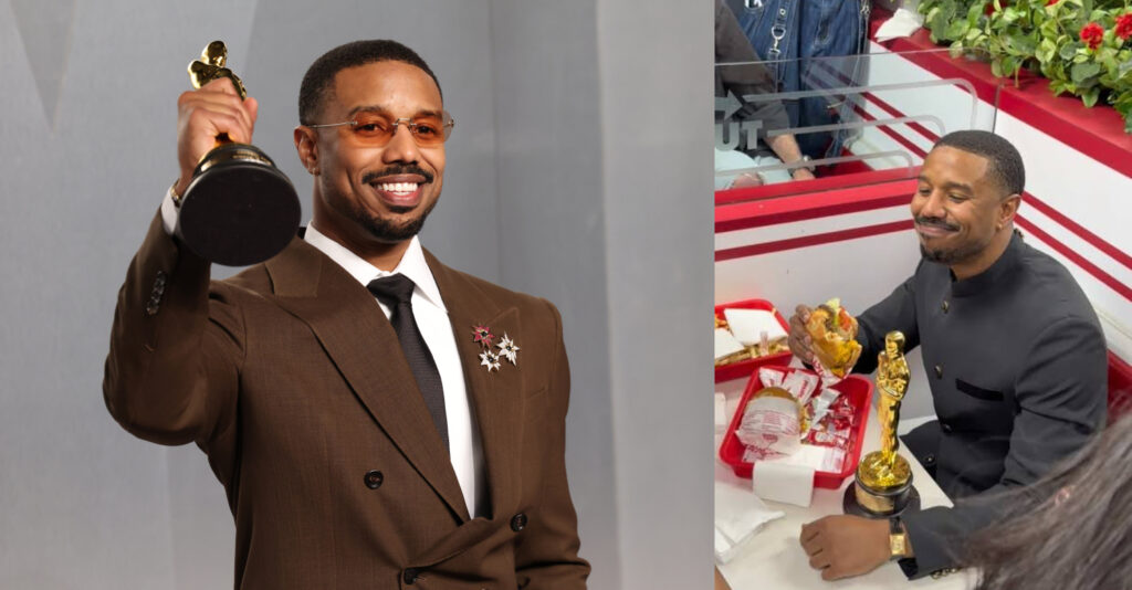 Two photos side by side of Michael B. Jordan holding his Oscar at the VF Oscar Party and eating a burger with it sitting on the table at In N Out