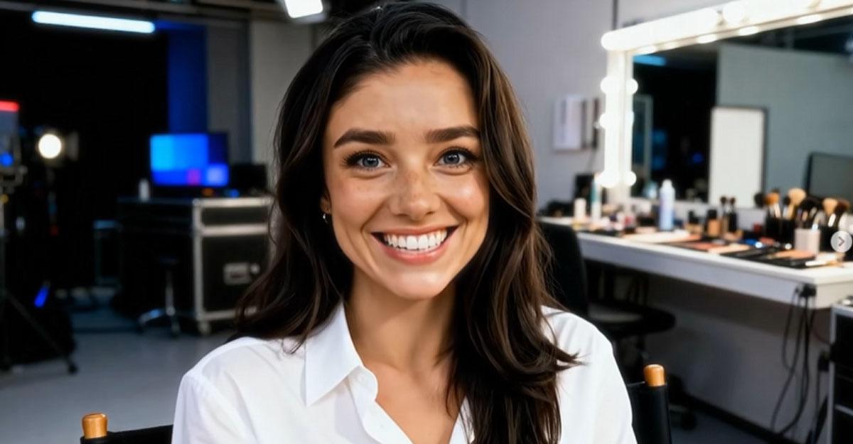 Still from video of Tilly Norwood, an AI actress. She is smiling wide like a freak