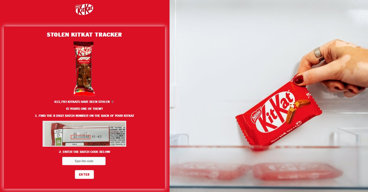 Screenshot of Stolen KitKat tracker next to a photo of a hand lifting a KitKat from an empty refrigerator door
