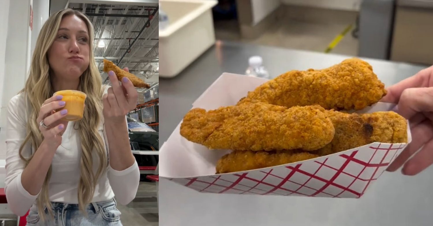 Photos of Woman enjoying chicken strip next to one of a basket of chicken strips. Credit: CostcoHotFinds on Instagram