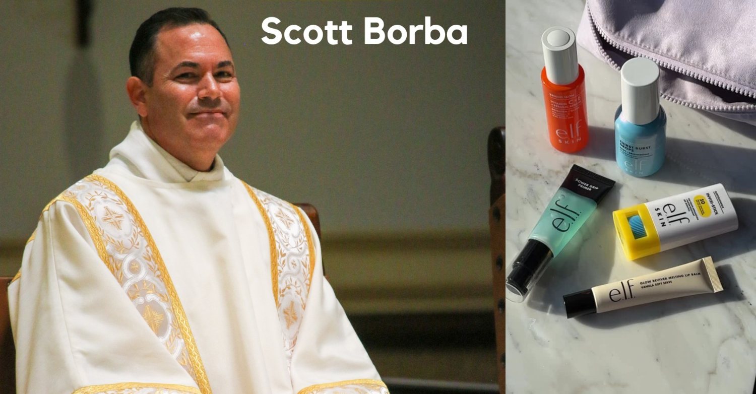 Photo of Deacon Scott Borba next to a photo of elf products