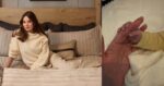 Two photos from Hailee Steinfeld on Instagram, one of her on a bed and another of her hand holding her baby's hand