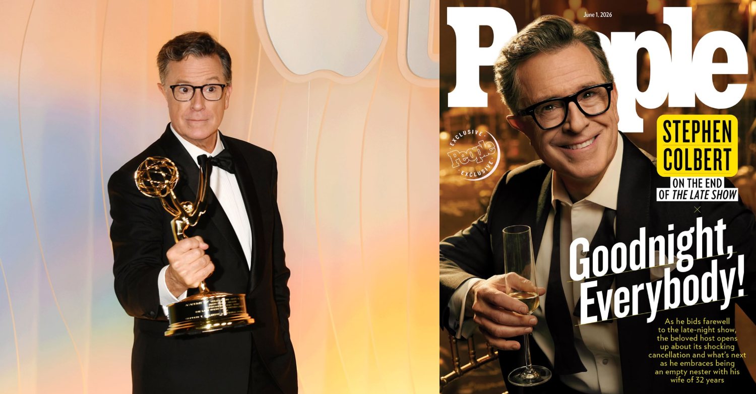 Two photos, one of Stephen Colbert at Apple TV+'s Primetime Emmy Party Red Carpet 9-15-25 and another of his People cover saying Goodnight everybody