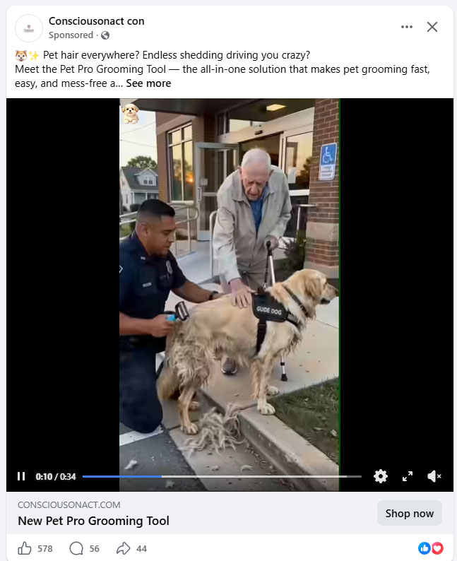 Image of Police officer brushing service dog for elderly man. There is dreadlock type hair on the ground from a golden retriever