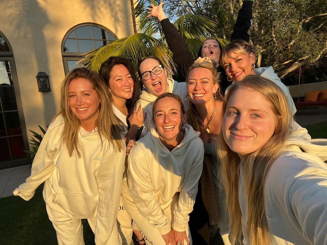 Selfie of mom group featuring Meghan Trainor, ashley Tisdale, Hilary Duff and other women
