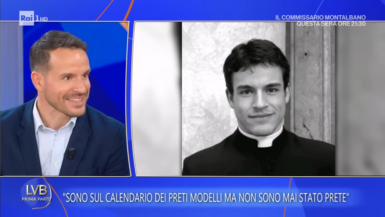 Screenshot of YouTube interview in Italian, above, with Giovanni Galizia next to a photo of the Calendario Romano he's featured in