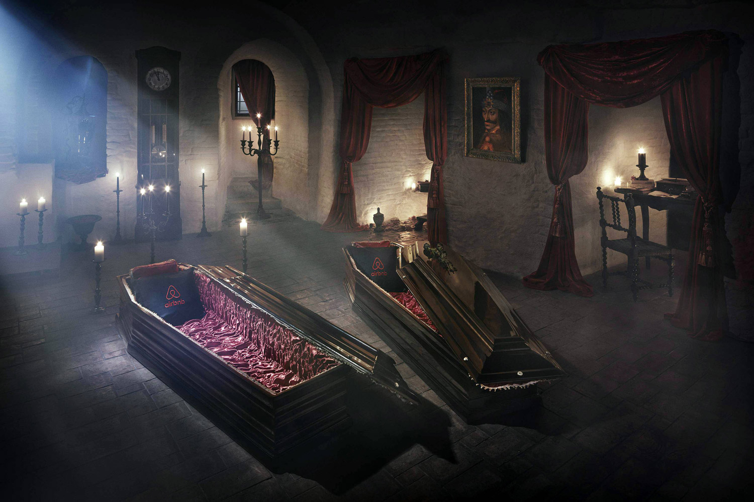 Coffins in creepy looking Bran castle from 2016 Air BnB listing