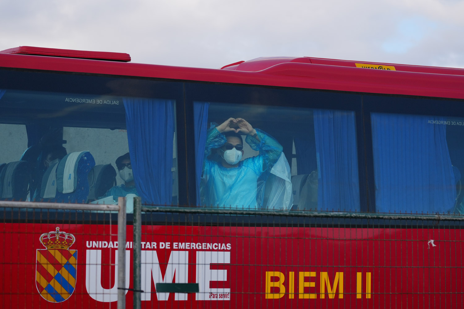Passengers evacuated from the MV Hondius cruise ship anchored near the port of Granadilla board the UME buses, 11 May 2026, in Granadilla de Abona, Tenerife, Canary Islands (Spain).