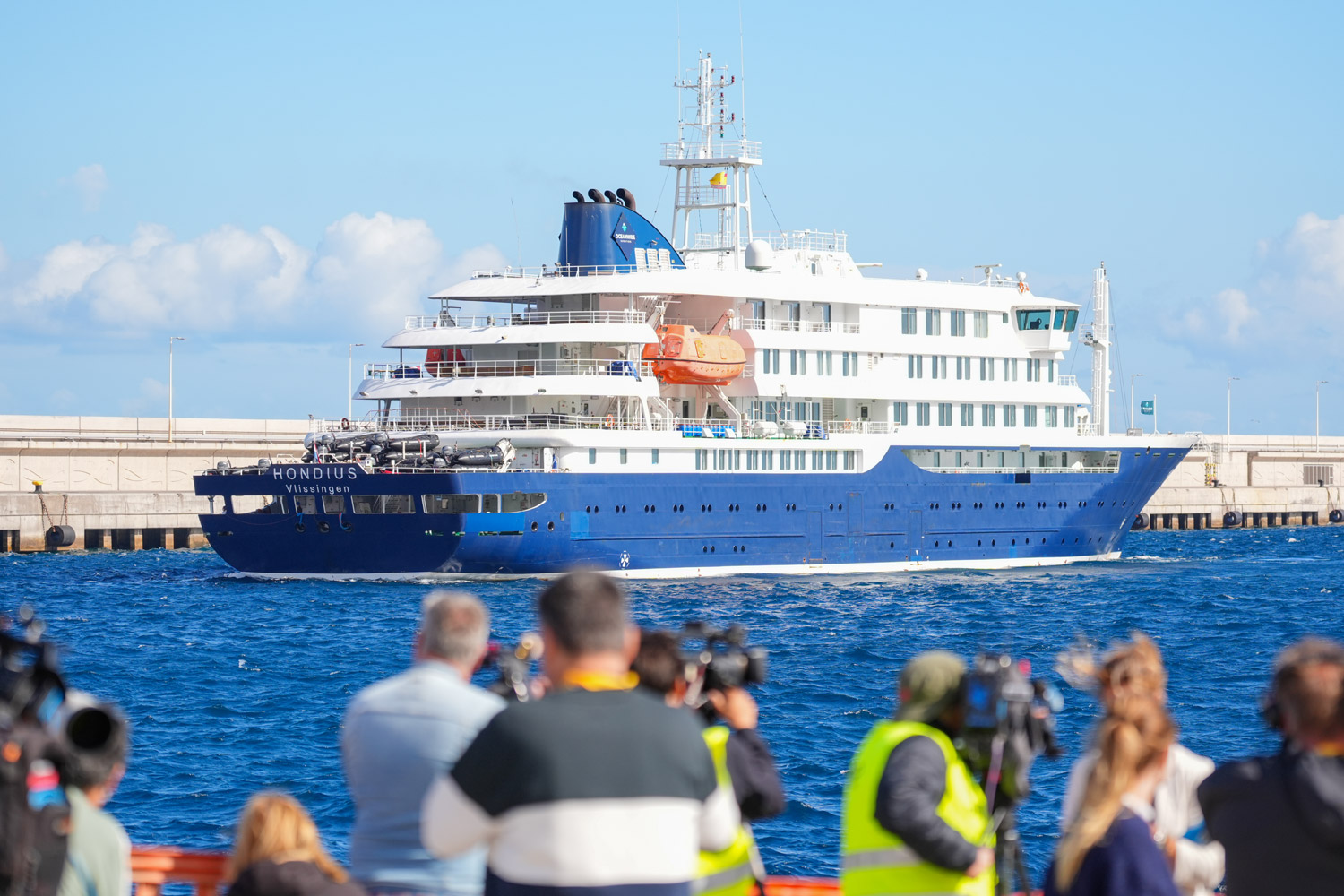 View of the cruise ship MV Hondius docked in the port of Granadilla before setting course for the Netherlands, 11 May 2026, in Granadilla de Abona, Tenerife, Canary Islands (Spain)