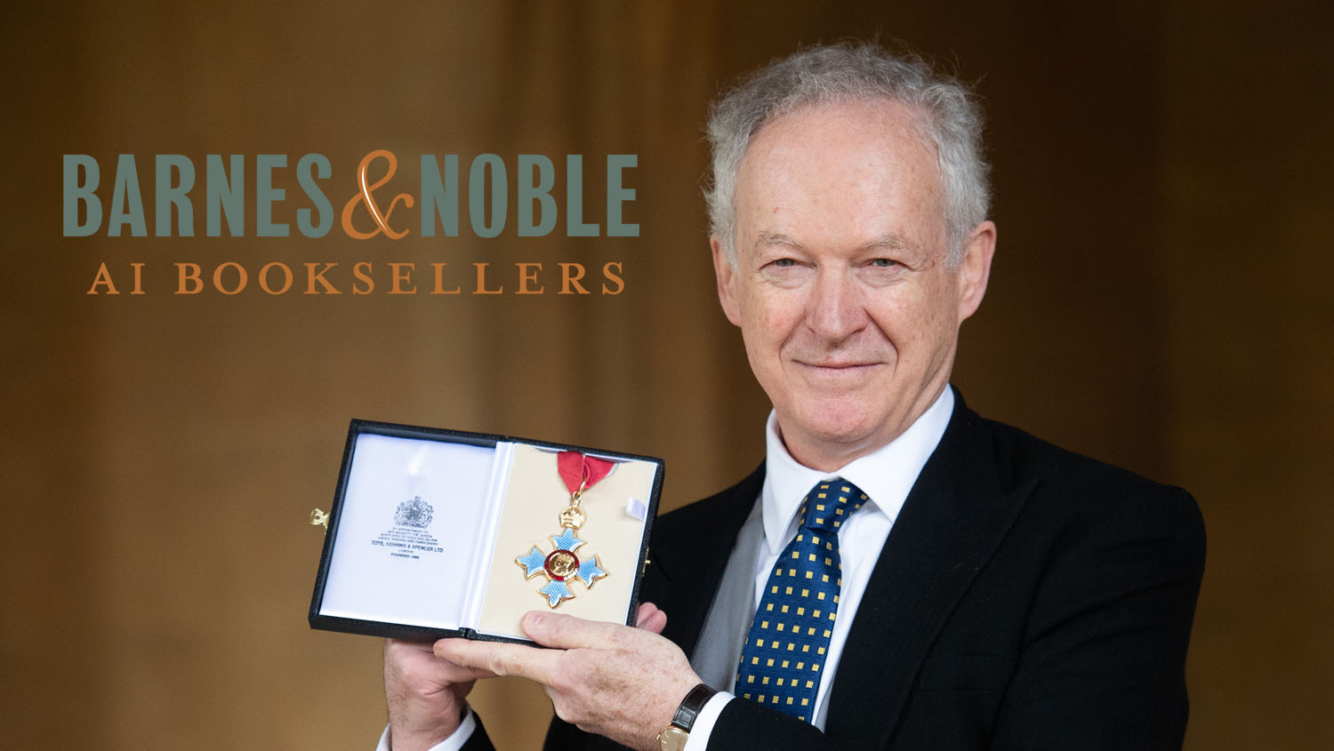 James Daunt holds his CBE for services to publishing 2-13-24, logo Barnes and Noble AI Booksellers
