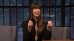 Allison Brie demonstrating to Seth Meyers how she spoke to the Pope, screenshot