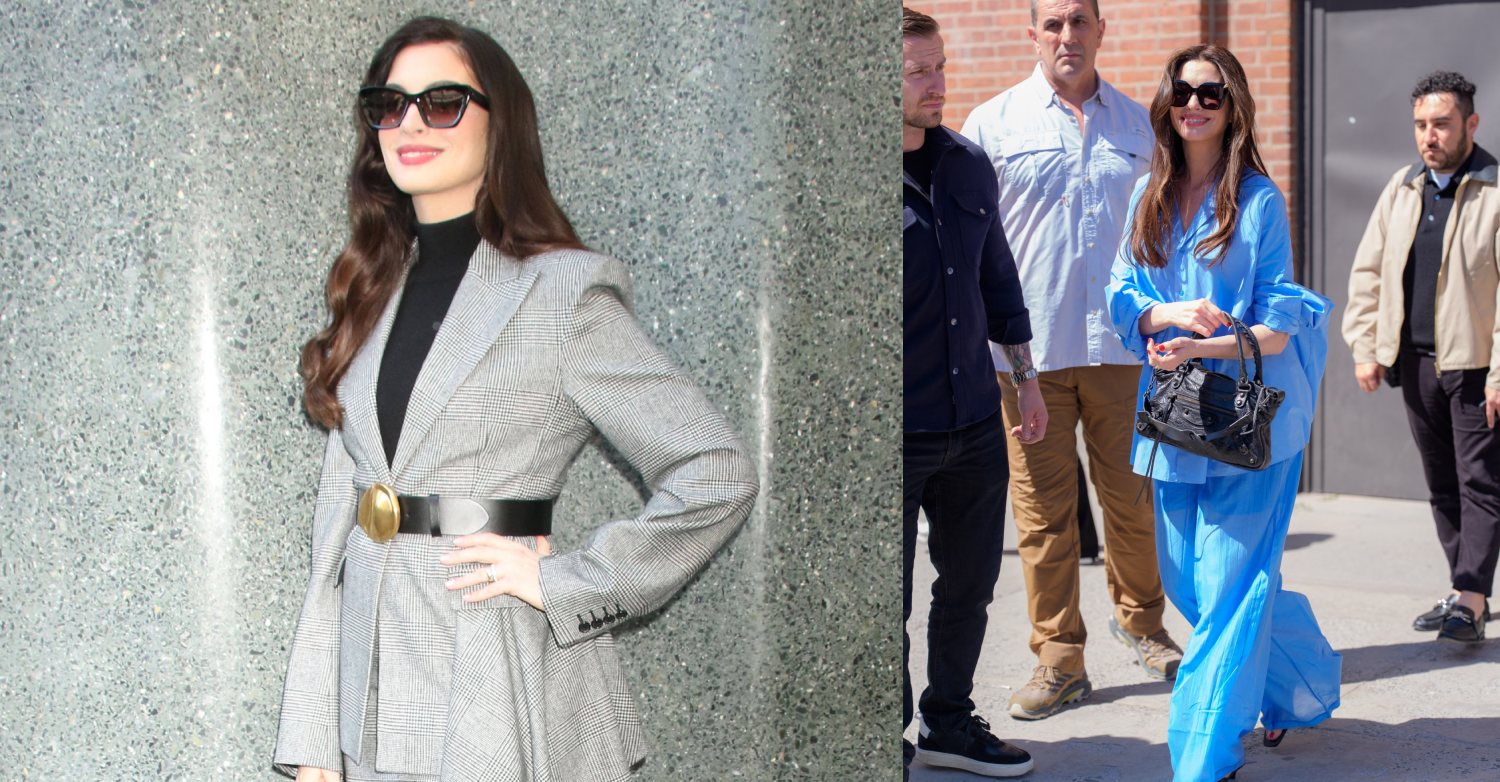 Loose Blue outfit: Anne Hathaway, in an all-blue ensemble, greets fans outside a hotel in Manhattan, 6-1-26, Tweed skirt suit: Anne Hathaway seen at Good Morning America on April 27, 2026 in New York City