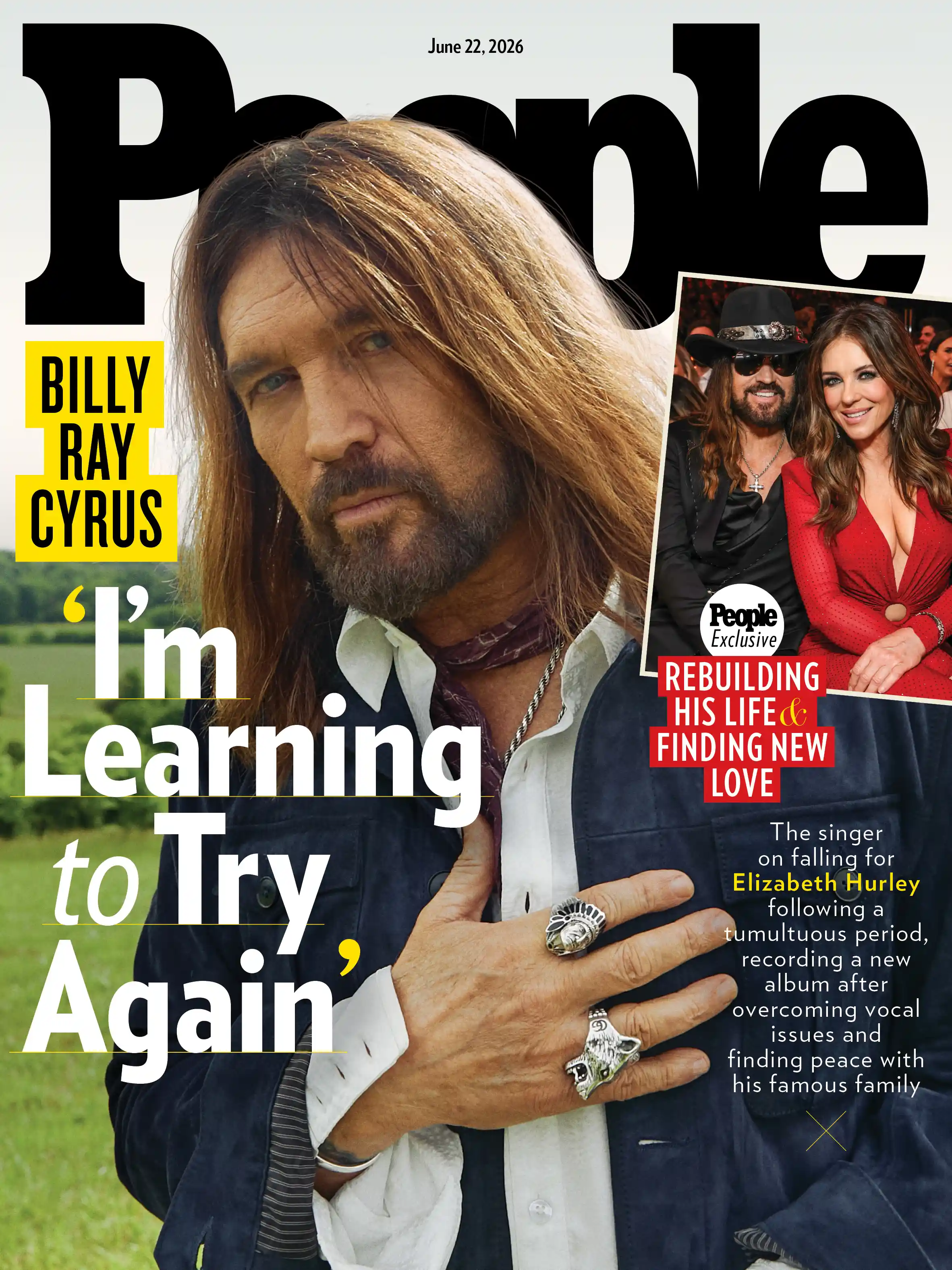 Billy Ray Cyrus's People Mag cover with the title I'm Learning to Try Again