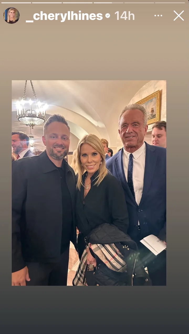 Photo from Cheryl Hines' instagram stories where she's posing with Nate Bargatze and her husband, Robert F. Kennedy Jr.