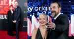 Two photos of David Harbour and Lily Allen at events in 2023