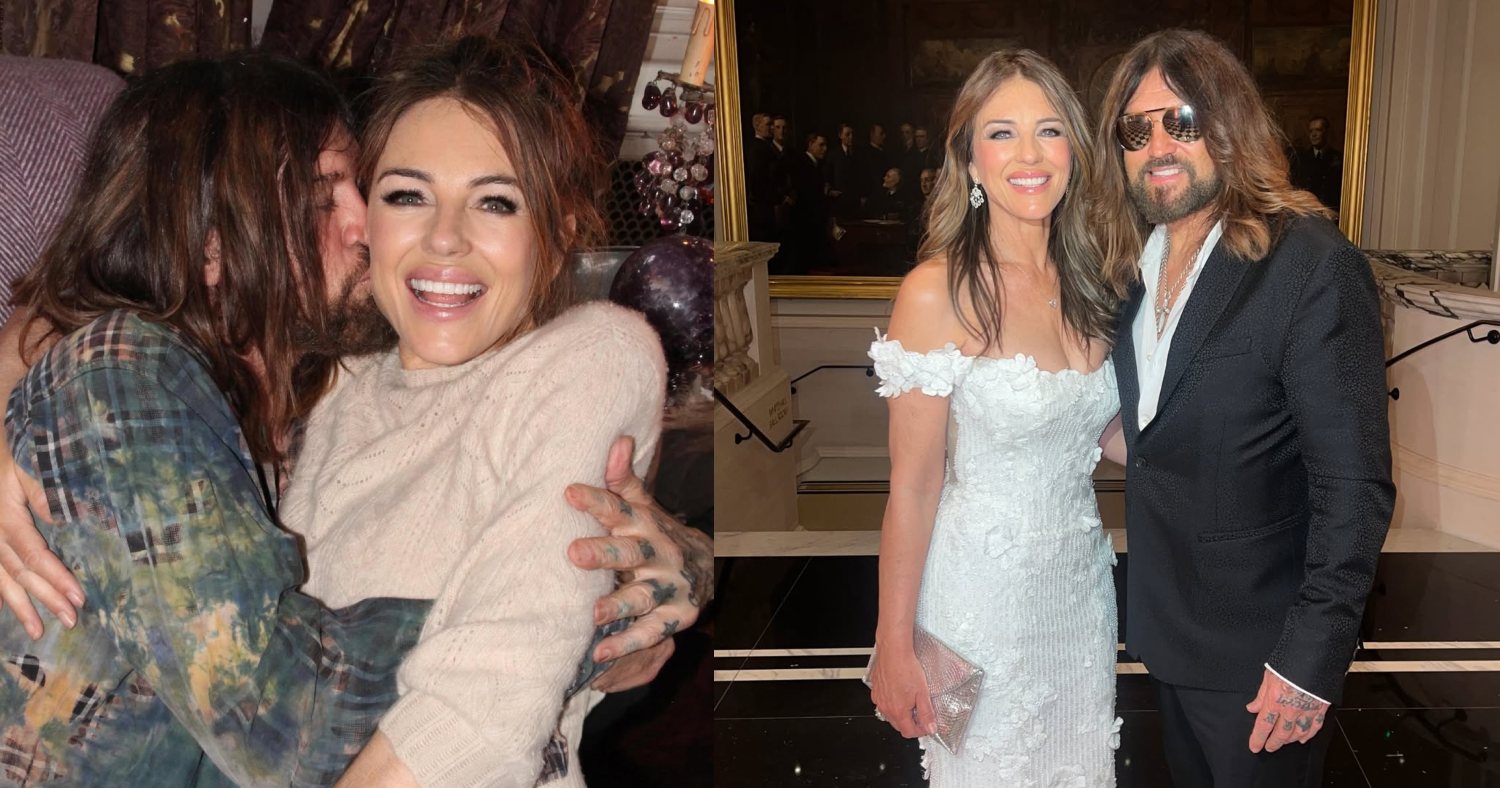 Two photos of Billy Ray Cyrus and Elizabeth Hurley, one of them headed to an event and another where they're embracing in a chair, via Instagram