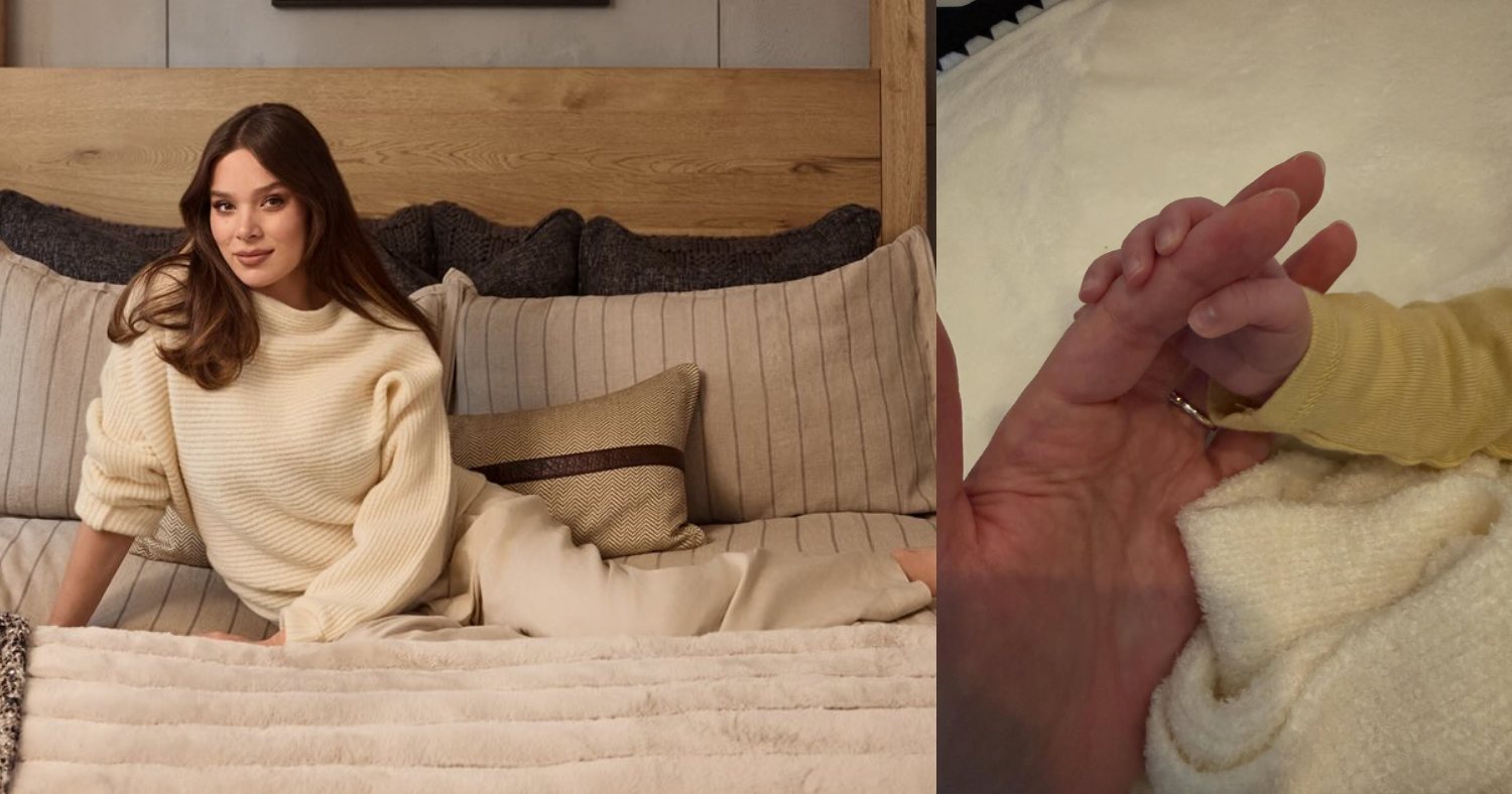 Promotional image of Hailee Steinfeld on a bed next to a photo of her baby's hand holding her hand