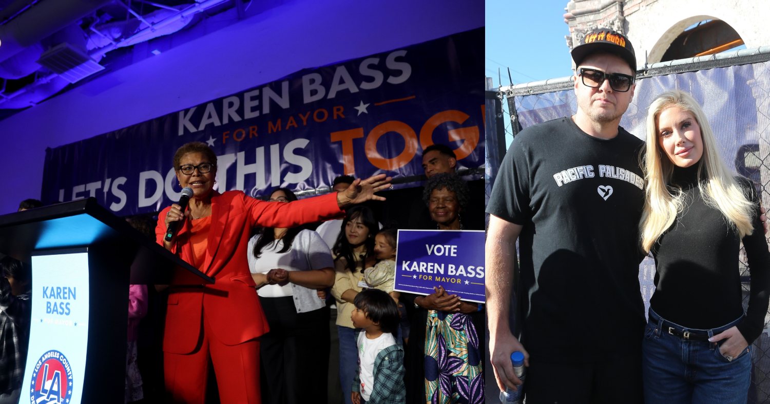 photos of Karen Bass campaigning for Mayor of LA and another of Spencer Pratt and Heidi Montag