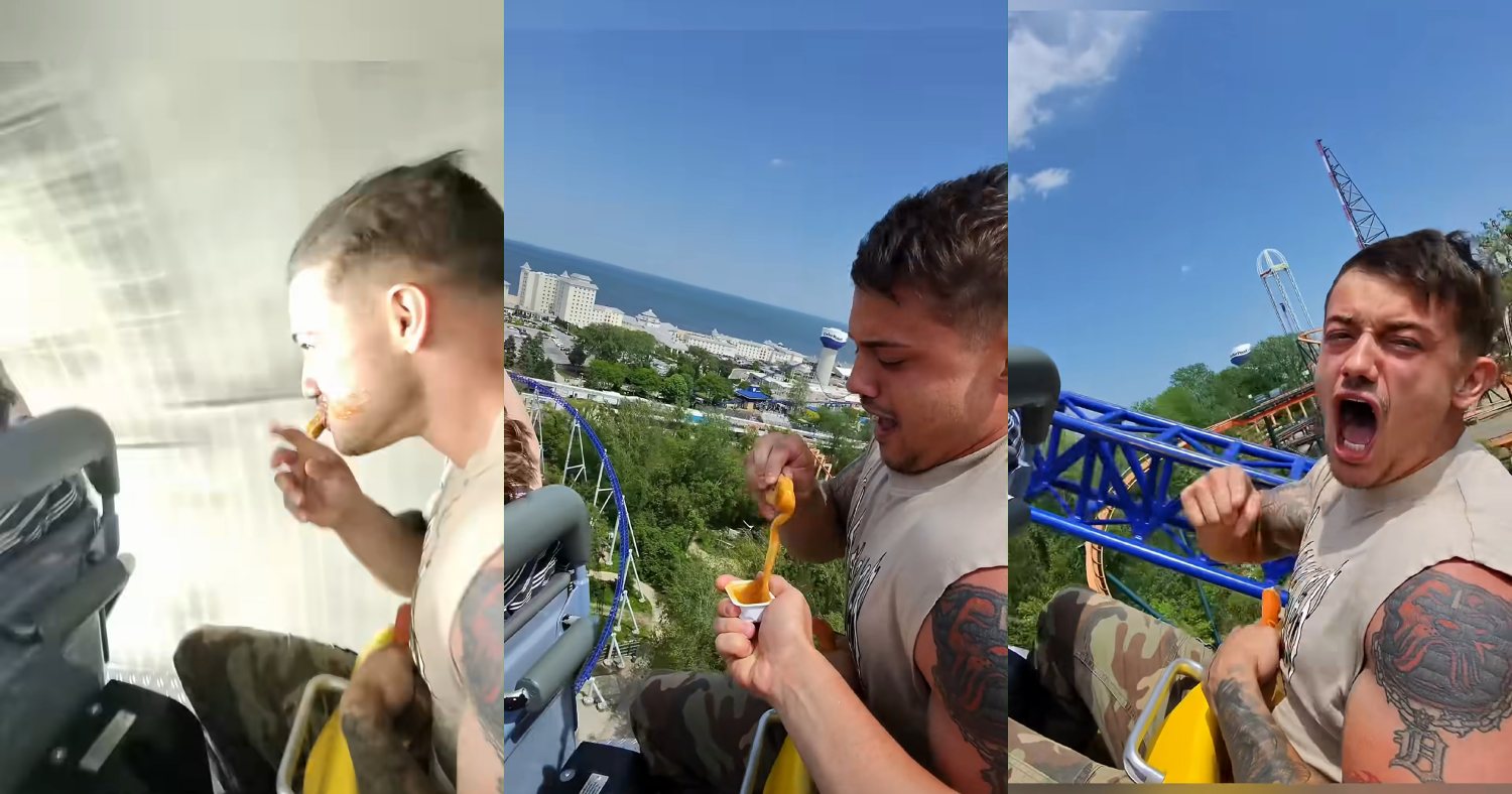 Three screenshots of man eating chicken nuggets on roller coaster
