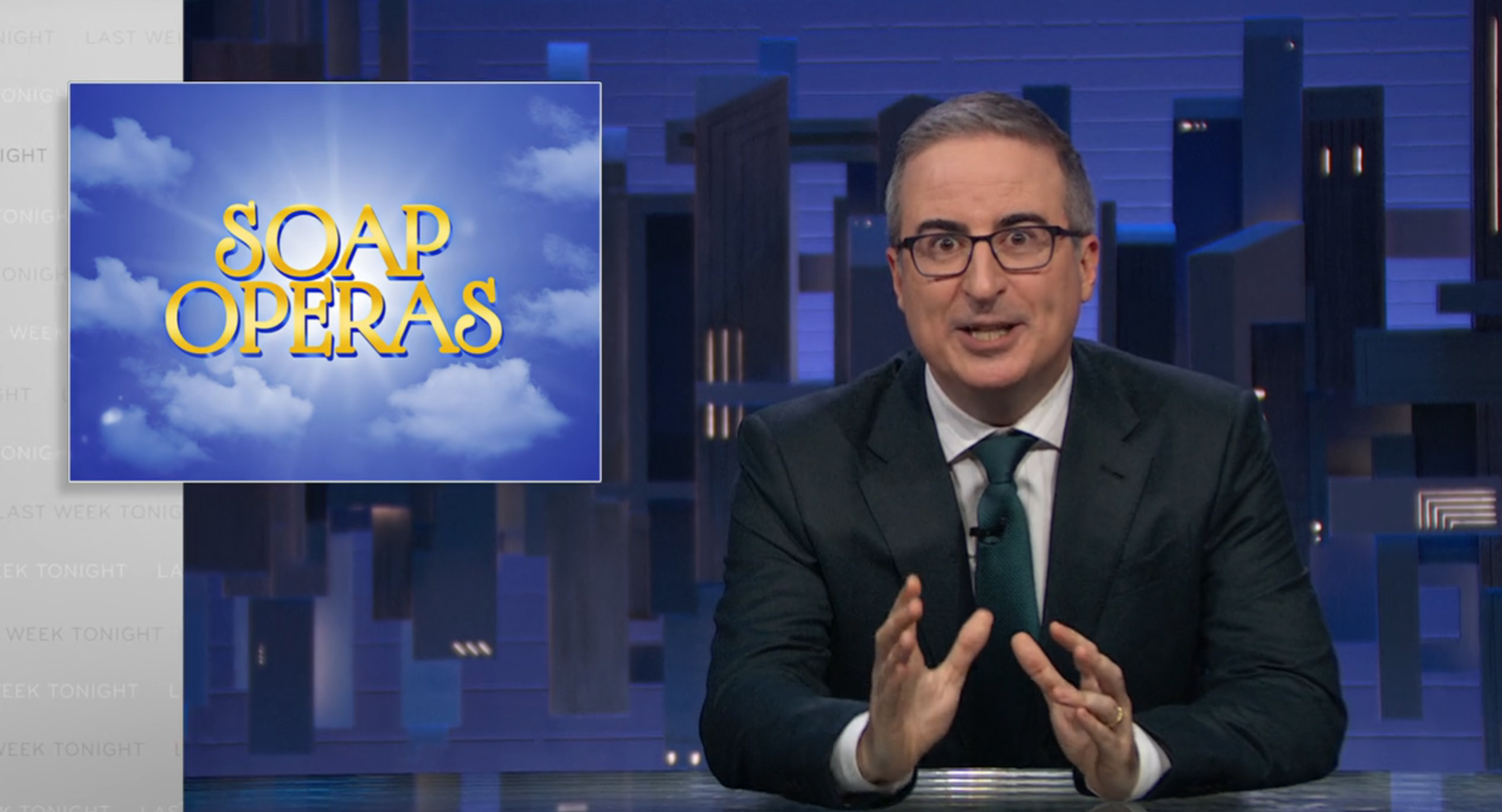 Screenshot from Last Week Tonight March 8, 2026 with John Oliver next to a Soap Operas sign
