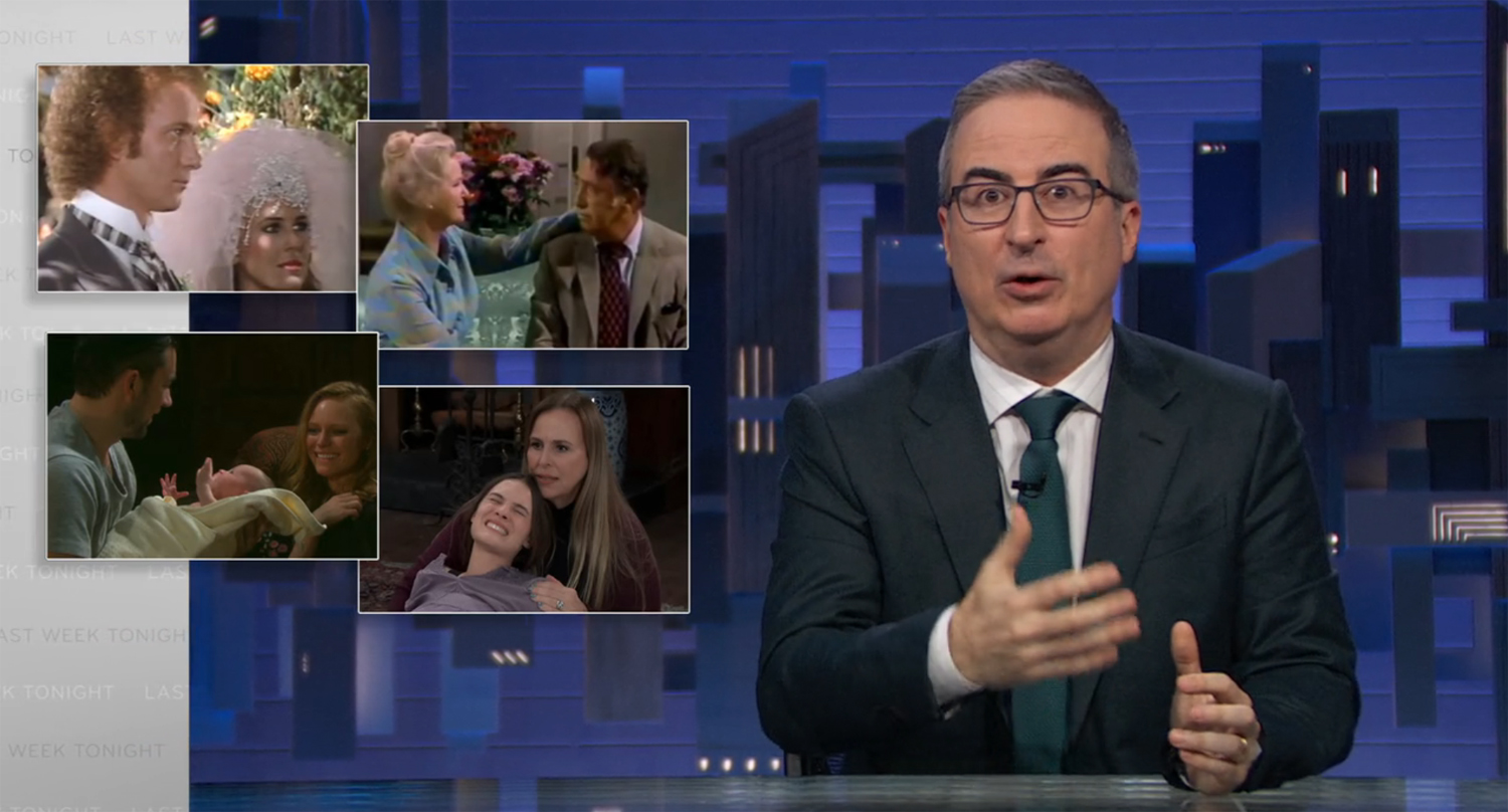 Last Week Tonight March 8, 2026 with John Oliver next to screenshots from Soap Operas